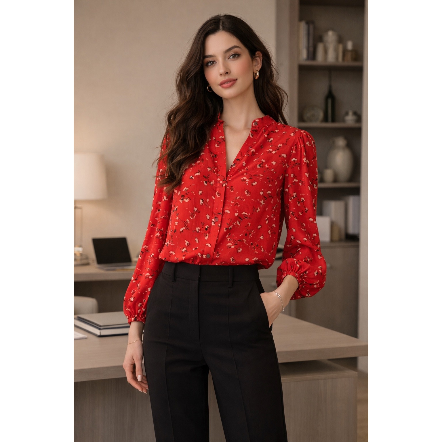 Joie Red Floral Metallic Lurex Puff Sleeve Button Front Blouse Small Womens